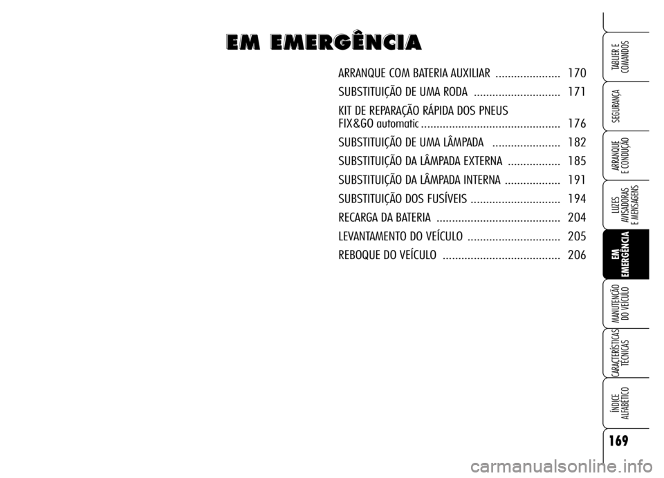 Alfa Romeo Brera/Spider 2006  Manual de Uso e Manutenção (in Portuguese) 169
SEGURANÇA
LUZES 
AVISADORAS 
E MENSAGENS
EM
EMERGÊNCIA MANUTENÇÃO 
DO VEÍCULO
CARACTERÍSTICAS
TÉCNICAS
ÍNDICE 
ALFABÉTICO
TABLIER E
COMANDOS
ARRANQUE 
E CONDUÇÃO
E E E E
M M M M
       