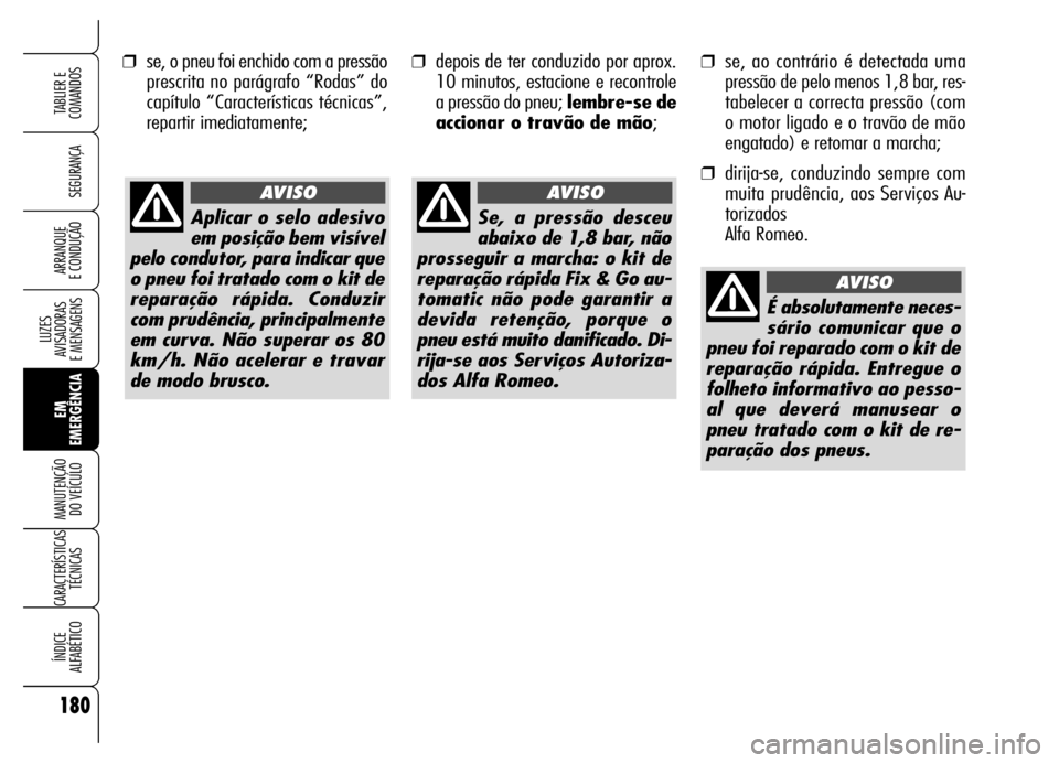 Alfa Romeo Brera/Spider 2006 Manual de Uso e Manutenção (in Portuguese) ❒se, o pneu foi enchido com a pressão
prescrita no parágrafo “Rodas” do
capítulo “Características técnicas”,
repartir imediatamente;
180
SEGURANÇA
LUZES
AVISADORAS
E MENSAGENS
EM
EME Alfa Romeo Brera/Spider 2006 Manual de Uso e Manutenção (in Portuguese) ❒se, o pneu foi enchido com a pressão
prescrita no parágrafo “Rodas” do
capítulo “Características técnicas”,
repartir imediatamente;
180
SEGURANÇA
LUZES
AVISADORAS
E MENSAGENS
EM
EME