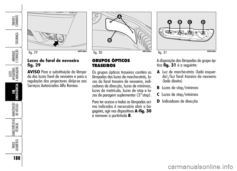 Alfa Romeo Brera/Spider 2006 Manual de Uso e Manutenção (in Portuguese) 188
SEGURANÇA
LUZES
AVISADORAS
E MENSAGENS
EM
EMERGÊNCIA MANUTENÇÃO
DO VEÍCULO
CARACTERÍSTICAS
TÉCNICAS
ÍNDICE
ALFABÉTICO
TABLIER E
COMANDOS
ARRANQUE
E CONDUÇÃOGRUPOS ÓPTICOS
TRASEIRO Alfa Romeo Brera/Spider 2006 Manual de Uso e Manutenção (in Portuguese) 188
SEGURANÇA
LUZES
AVISADORAS
E MENSAGENS
EM
EMERGÊNCIA MANUTENÇÃO
DO VEÍCULO
CARACTERÍSTICAS
TÉCNICAS
ÍNDICE
ALFABÉTICO
TABLIER E
COMANDOS
ARRANQUE
E CONDUÇÃOGRUPOS ÓPTICOS
TRASEIRO