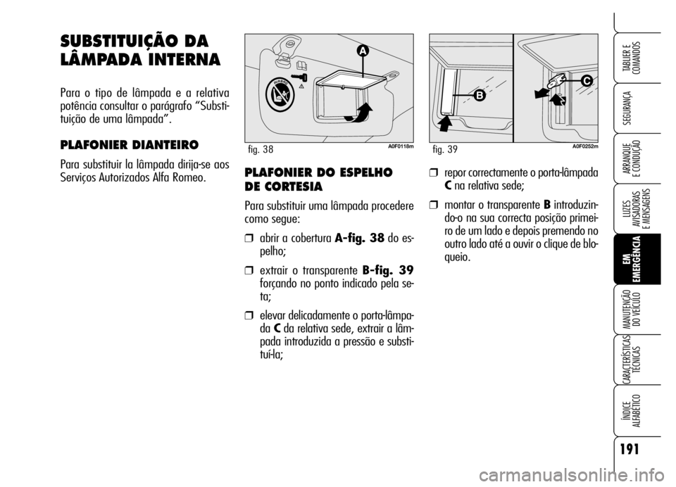 Alfa Romeo Brera/Spider 2006  Manual de Uso e Manutenção (in Portuguese) 191
SEGURANÇA
LUZES 
AVISADORAS 
E MENSAGENS
EM
EMERGÊNCIA MANUTENÇÃO 
DO VEÍCULO
CARACTERÍSTICAS
TÉCNICAS
ÍNDICE 
ALFABÉTICO
TABLIER E
COMANDOS
ARRANQUE 
E CONDUÇÃO
SUBSTITUIÇÃO DA
LÂMP