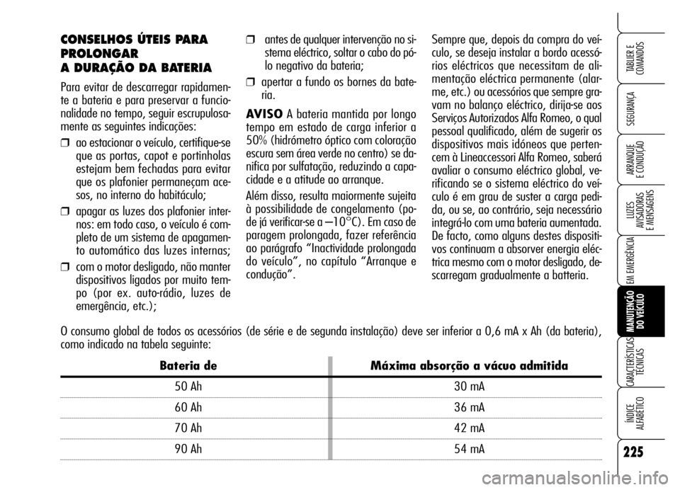 Alfa Romeo Brera/Spider 2006 Manual de Uso e Manutenção (in Portuguese) 225
SEGURANÇA
LUZES
AVISADORAS
E MENSAGENS
EM EMERGÊNCIA
MANUTENÇÃO
DO VEÍCULO
CARACTERÍSTICAS
TÉCNICAS
ÍNDICE
ALFABÉTICO
TABLIER E
COMANDOS
ARRANQUE
E CONDUÇÃO
CONSELHOS ÚTEIS PARA Alfa Romeo Brera/Spider 2006 Manual de Uso e Manutenção (in Portuguese) 225
SEGURANÇA
LUZES
AVISADORAS
E MENSAGENS
EM EMERGÊNCIA
MANUTENÇÃO
DO VEÍCULO
CARACTERÍSTICAS
TÉCNICAS
ÍNDICE
ALFABÉTICO
TABLIER E
COMANDOS
ARRANQUE
E CONDUÇÃO
CONSELHOS ÚTEIS PARA