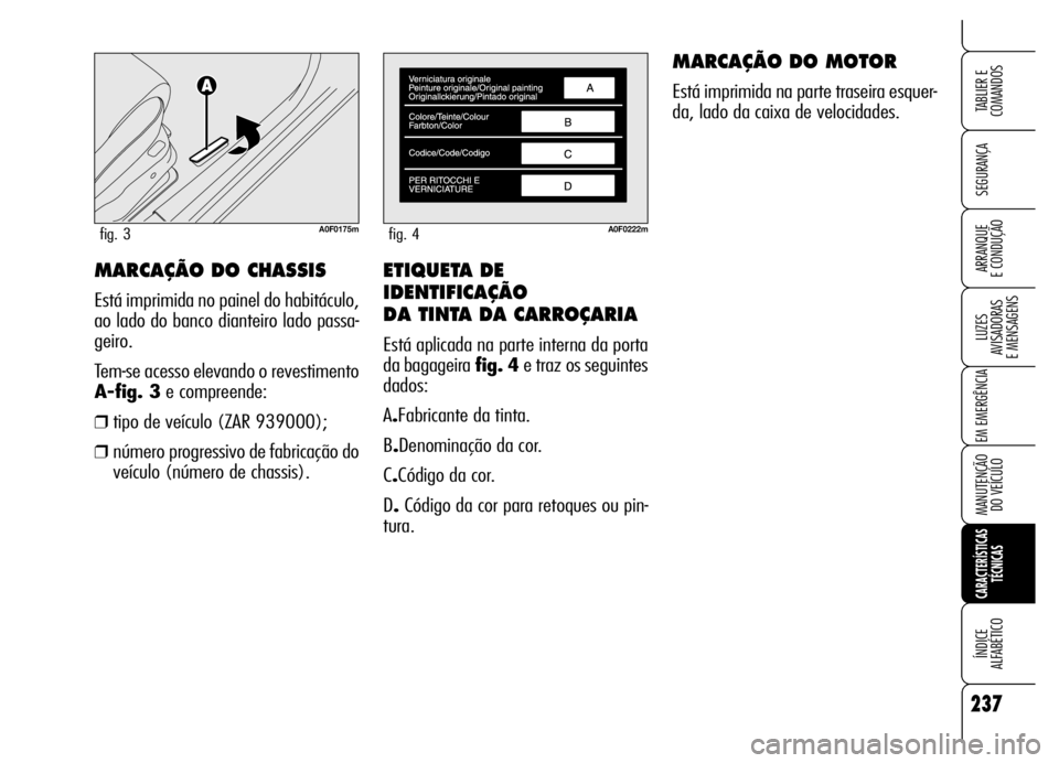 Alfa Romeo Brera/Spider 2006  Manual de Uso e Manutenção (in Portuguese) ETIQUETA DE
IDENTIFICAÇÃO 
DA TINTA DA CARROÇARIA
Está aplicada na parte interna da porta
da bagageira fig. 4e traz os seguintes
dados:
A.Fabricante da tinta.
B.Denominação da cor.
C.Código da 
