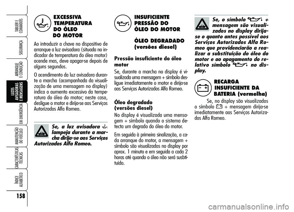 Alfa Romeo Brera/Spider 2007  Manual de Uso e Manutenção (in Portuguese) 158
SEGURANÇA
LUZES 
AVISADORAS 
E MENSAGENS
EM EMERGÊNCIA
MANUTENÇÃO 
DO VEÍCULO
CARACTERÍSTICAS
TÉCNICAS
ÍNDICE 
ALFABÉTICO
TABLIER E  
COMANDOS
ARRANQUE 
E CONDUÇÃO
EXCESSIVA
TEMPERATURA