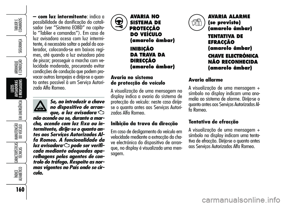 Alfa Romeo Brera/Spider 2007  Manual de Uso e Manutenção (in Portuguese) AVARIA NO
SISTEMA DE
PROTECÇÃO
DO VEÍCULO 
(amarelo âmbar)
INIBIÇÃO
DA TRAVA DA 
DIRECÇÃO
(amarelo âmbar)
Avaria no sistema 
de protecção do veículo 
A visualização de uma mensagem no
di