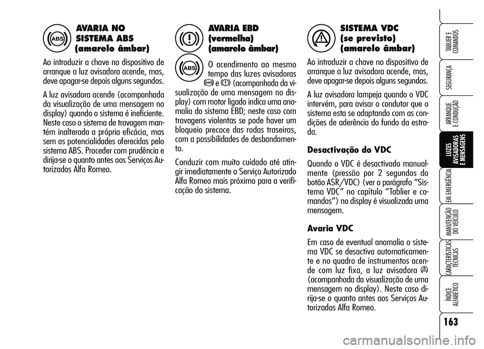 Alfa Romeo Brera/Spider 2007  Manual de Uso e Manutenção (in Portuguese) 163
SEGURANÇA
LUZES
AVISADORAS 
E MENSAGENS
EM EMERGÊNCIA
MANUTENÇÃO 
DO VEÍCULO
CARACTERÍSTICAS
TÉCNICAS
ÍNDICE 
ALFABÉTICO
TABLIER E
COMANDOS
ARRANQUE 
E CONDUÇÃO
AVARIA EBD
(vermelha) 
(