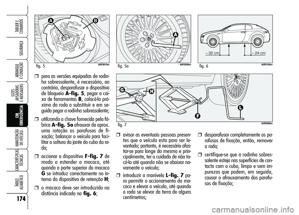 Alfa Romeo Brera/Spider 2007  Manual de Uso e Manutenção (in Portuguese) 174
SEGURANÇA
LUZES 
AVISADORAS 
E MENSAGENS
EM
EMERGÊNCIA MANUTENÇÃO 
DO VEÍCULO
CARACTERÍSTICAS
TÉCNICAS
ÍNDICE 
ALFABÉTICO
TABLIER E
COMANDOS
ARRANQUE 
E CONDUÇÃO
❒desparafusar complet