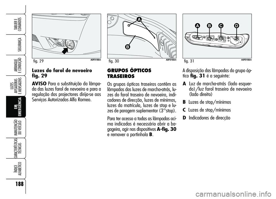 Alfa Romeo Brera/Spider 2007  Manual de Uso e Manutenção (in Portuguese) 188
SEGURANÇA
LUZES 
AVISADORAS 
E MENSAGENS
EM
EMERGÊNCIA MANUTENÇÃO 
DO VEÍCULO
CARACTERÍSTICAS
TÉCNICAS
ÍNDICE 
ALFABÉTICO
TABLIER E
COMANDOS
ARRANQUE 
E CONDUÇÃOGRUPOS ÓPTICOS
TRASEIRO