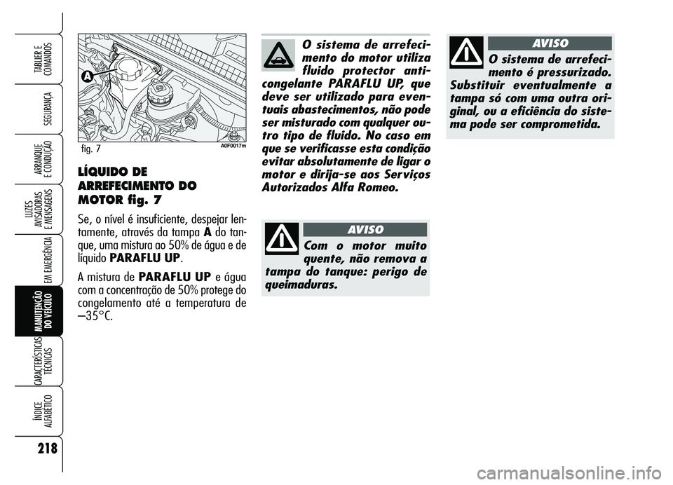 Alfa Romeo Brera/Spider 2007  Manual de Uso e Manutenção (in Portuguese) 218
SEGURANÇA
LUZES 
AVISADORAS 
E MENSAGENS
EM EMERGÊNCIA
MANUTENÇÃO 
DO VEÍCULO
CARACTERÍSTICAS
TÉCNICAS
ÍNDICE 
ALFABÉTICO
TABLIER E
COMANDOS
ARRANQUE 
E CONDUÇÃO
O sistema de arrefeci-
