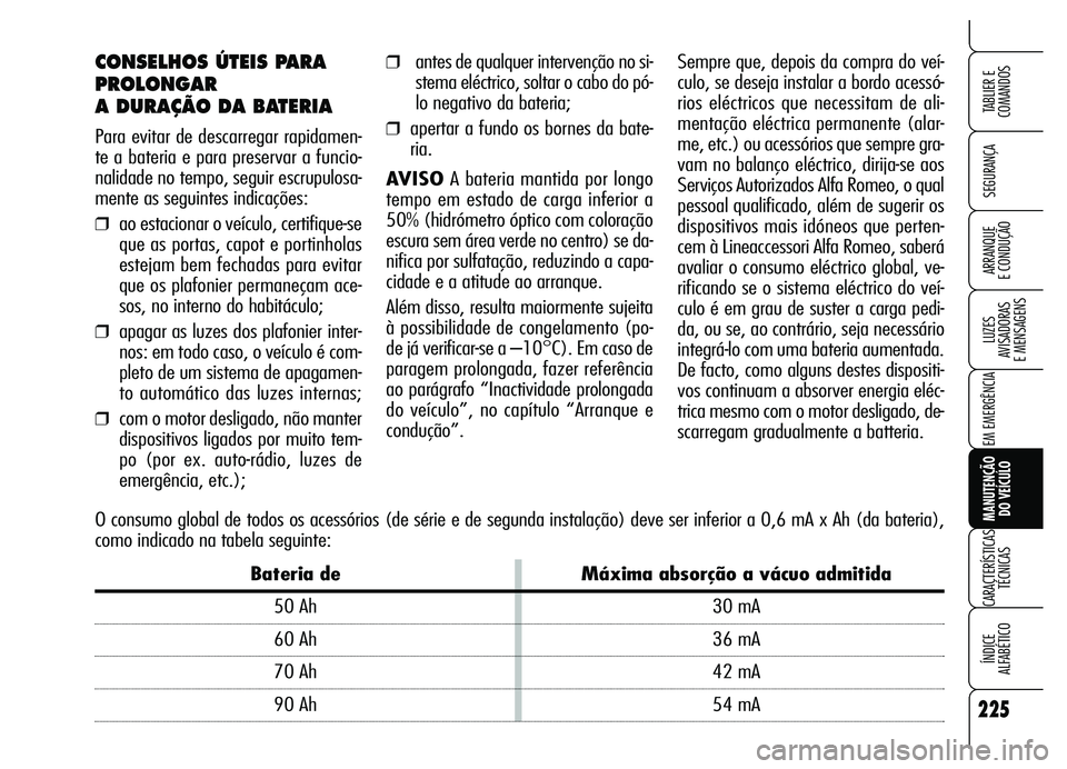 Alfa Romeo Brera/Spider 2007  Manual de Uso e Manutenção (in Portuguese) 225
SEGURANÇA
LUZES 
AVISADORAS 
E MENSAGENS
EM EMERGÊNCIA
MANUTENÇÃO 
DO VEÍCULO
CARACTERÍSTICAS
TÉCNICAS
ÍNDICE 
ALFABÉTICO
TABLIER E  
COMANDOS
ARRANQUE 
E CONDUÇÃO
CONSELHOS ÚTEIS PARA