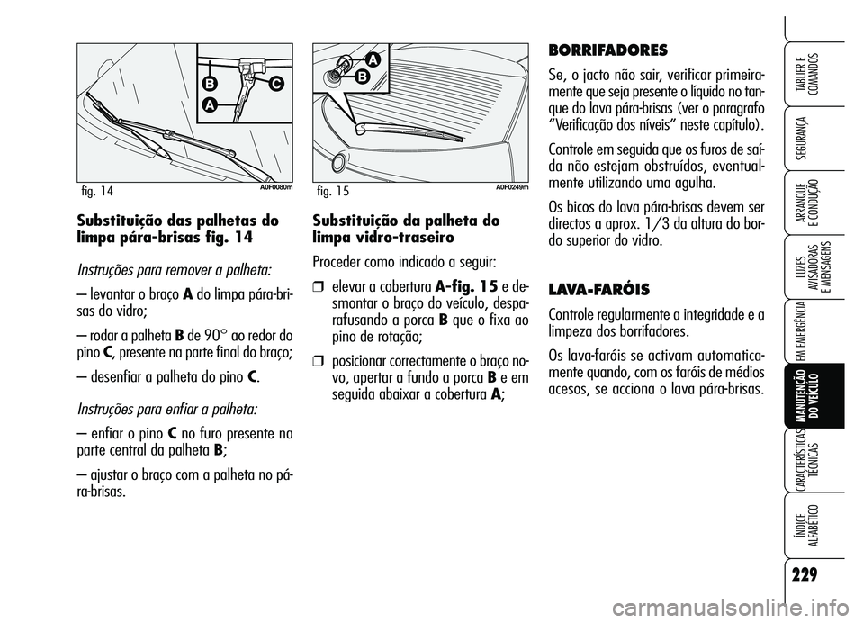 Alfa Romeo Brera/Spider 2007  Manual de Uso e Manutenção (in Portuguese) 229
SEGURANÇA
LUZES 
AVISADORAS 
E MENSAGENS
EM EMERGÊNCIA
MANUTENÇÃO 
DO VEÍCULO
CARACTERÍSTICAS
TÉCNICAS
ÍNDICE 
ALFABÉTICO
TABLIER E  
COMANDOS
ARRANQUE 
E CONDUÇÃOSubstituição da palh