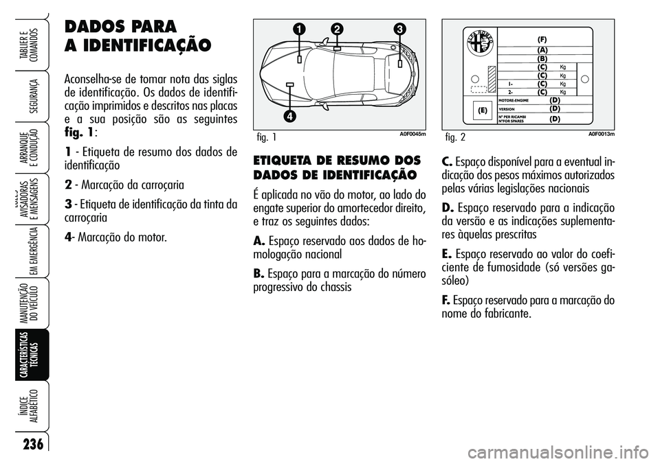 Alfa Romeo Brera/Spider 2007  Manual de Uso e Manutenção (in Portuguese) 236
SEGURANÇA
LUZES 
AVISADORAS 
E MENSAGENS
EM EMERGÊNCIA
MANUTENÇÃO 
DO VEÍCULO
CARACTERÍSTICAS
TÉCNICAS
ÍNDICE 
ALFABÉTICO
TABLIER E  
COMANDOS
ARRANQUE 
E CONDUÇÃOETIQUETA DE RESUMO DOS