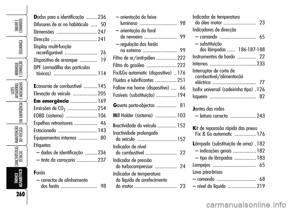 Alfa Romeo Brera/Spider 2007  Manual de Uso e Manutenção (in Portuguese) 260
SEGURANÇA 
LUZES 
AVISADORAS 
E MENSAGENS 
EM EMERGÊNCIA 
MANUTENÇÃO 
DO VEÍCULO 
CARACTERÍSTICASTÉCNICAS 
ÍNDICE 
ALFABÉTICOTABLIER E 
COMANDOS
ARRANQUE 
E CONDUÇÃO 
– orientação d