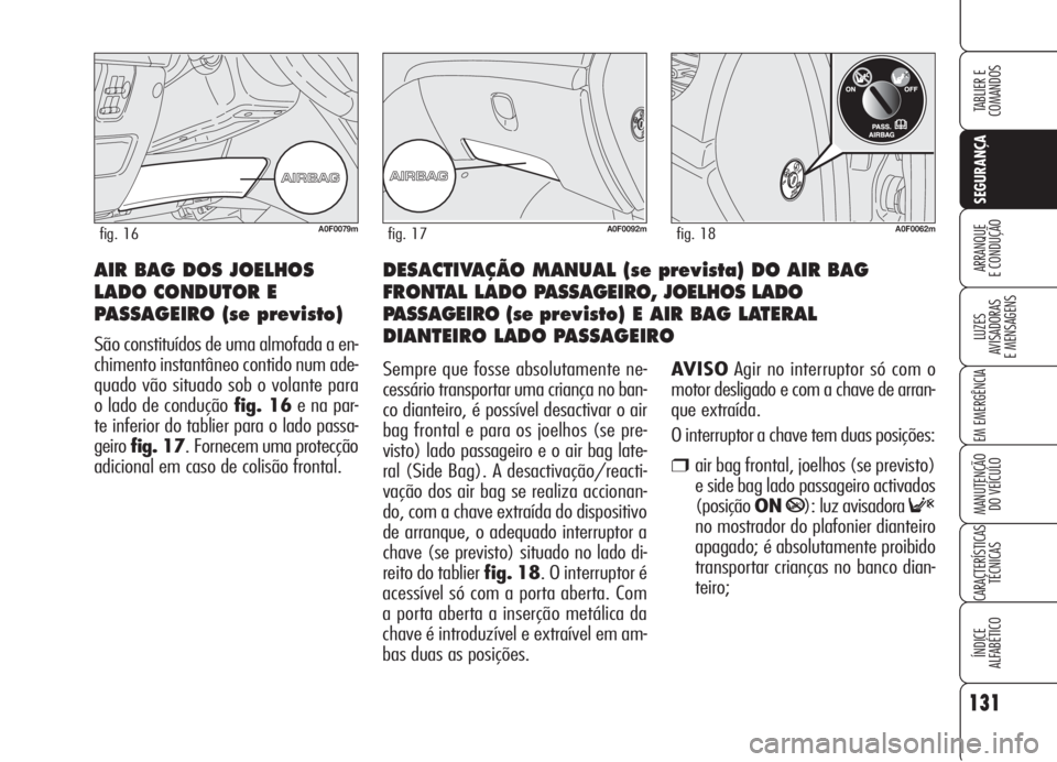 Alfa Romeo Brera/Spider 2008 Manual de Uso e Manutenção (in Portuguese) 131
SEGURANÇA
LUZES
AVISADORAS
E MENSAGENS
EM EMERGÊNCIA
MANUTENÇÃO
DO VEÍCULO
CARACTERÍSTICAS
TÉCNICAS
ÍNDICE
ALFABÉTICO
TABLIER E
COMANDOS
ARRANQUE
E CONDUÇÃODESACTIVAÇÃO MANUAL (se Alfa Romeo Brera/Spider 2008 Manual de Uso e Manutenção (in Portuguese) 131
SEGURANÇA
LUZES
AVISADORAS
E MENSAGENS
EM EMERGÊNCIA
MANUTENÇÃO
DO VEÍCULO
CARACTERÍSTICAS
TÉCNICAS
ÍNDICE
ALFABÉTICO
TABLIER E
COMANDOS
ARRANQUE
E CONDUÇÃODESACTIVAÇÃO MANUAL (se