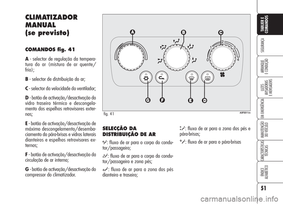 Alfa Romeo Brera/Spider 2008 Manual de Uso e Manutenção (in Portuguese) 51
SEGURANÇA
LUZES
AVISADORAS
E MENSAGENS
EM EMERGÊNCIA
MANUTENÇÃO
DO VEÍCULO
CARACTERÍSTICAS
TÉCNICAS
IÍNDICE
ALFABÉTICO
TABLIER E
COMANDOS
ARRANQUE
E CONDUÇÃO
SELECÇÃO DA
DISTRIBUIÇÃ Alfa Romeo Brera/Spider 2008 Manual de Uso e Manutenção (in Portuguese) 51
SEGURANÇA
LUZES
AVISADORAS
E MENSAGENS
EM EMERGÊNCIA
MANUTENÇÃO
DO VEÍCULO
CARACTERÍSTICAS
TÉCNICAS
IÍNDICE
ALFABÉTICO
TABLIER E
COMANDOS
ARRANQUE
E CONDUÇÃO
SELECÇÃO DA
DISTRIBUIÇÃ