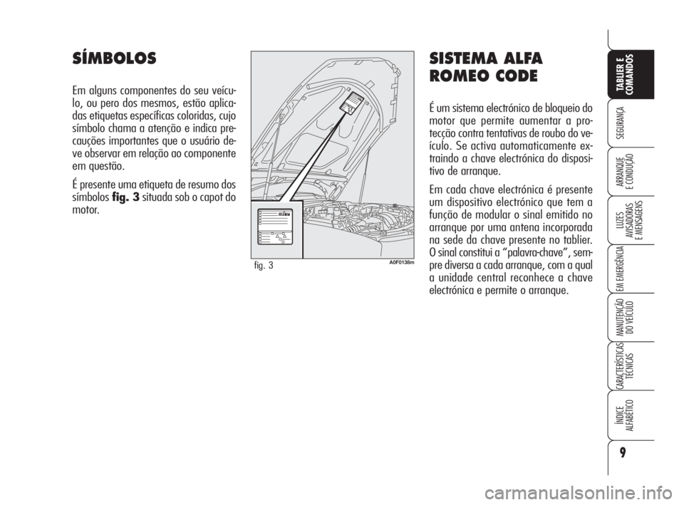 Alfa Romeo Brera/Spider 2010  Manual de Uso e Manutenção (in Portuguese) SISTEMA ALFA
ROMEO CODE
É um sistema electrónico de bloqueio do
motor que permite aumentar a pro-
tecção contra tentativas de roubo do ve-
ículo. Se activa automaticamente ex-
traindo a chave ele