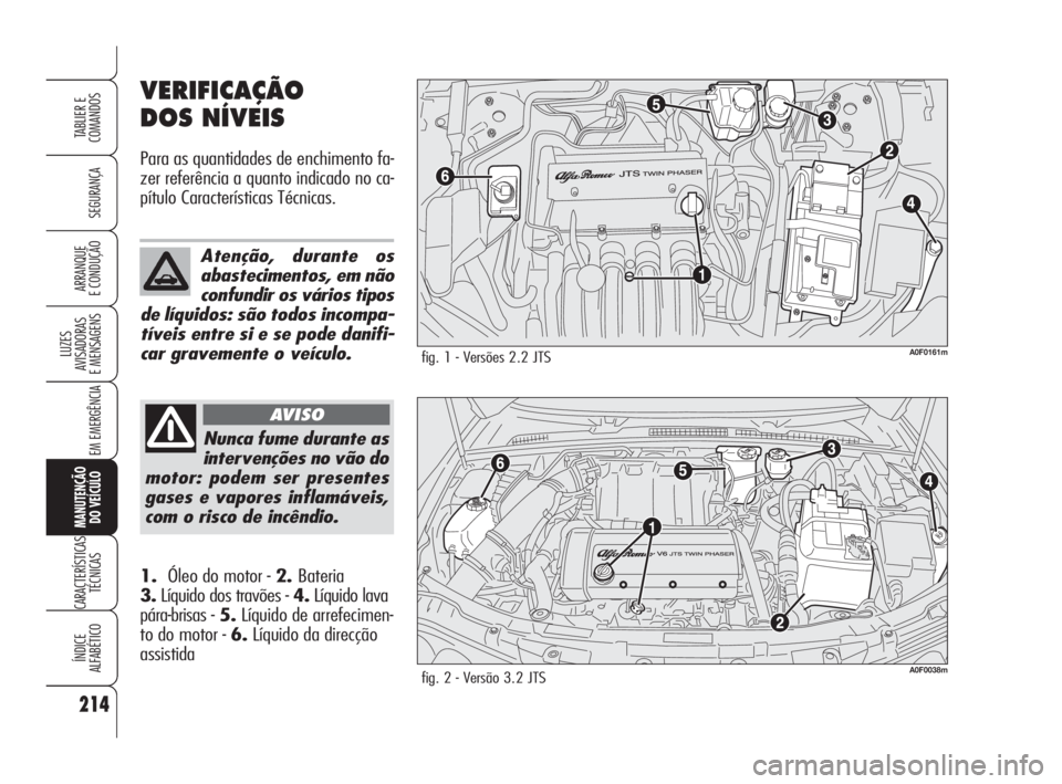 Alfa Romeo Brera/Spider 2010  Manual de Uso e Manutenção (in Portuguese) 214
SEGURANÇA
LUZES
AVISADORAS 
E MENSAGENS
EM EMERGÊNCIA
MANUTENÇÃO
DO VEÍCULO
CARACTERÍSTICAS
TÉCNICAS
ÍNDICE
ALFABÉTICO
TABLIER E
COMANDOS
ARRANQUE
E CONDUÇÃO
VERIFICAÇÃO
DOS NÍVEIS
P