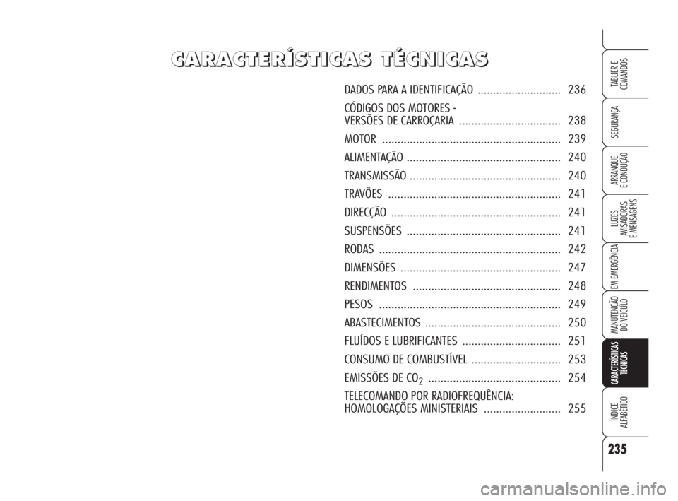 Alfa Romeo Brera/Spider 2010 Manual de Uso e Manutenção (in Portuguese) 235
SEGURANÇA
LUZES
AVISADORAS
E MENSAGENS
EM EMERGÊNCIA
MANUTENÇÃO
DO VEÍCULO
CARACTERÍSTICAS
TÉCNICAS
ÍNDICE
ALFABÉTICO
TABLIER E
COMANDOS
ARRANQUE
E CONDUÇÃO
C C
A A
R R
A A
C C
T T
E Alfa Romeo Brera/Spider 2010 Manual de Uso e Manutenção (in Portuguese) 235
SEGURANÇA
LUZES
AVISADORAS
E MENSAGENS
EM EMERGÊNCIA
MANUTENÇÃO
DO VEÍCULO
CARACTERÍSTICAS
TÉCNICAS
ÍNDICE
ALFABÉTICO
TABLIER E
COMANDOS
ARRANQUE
E CONDUÇÃO
C C
A A
R R
A A
C C
T T
E