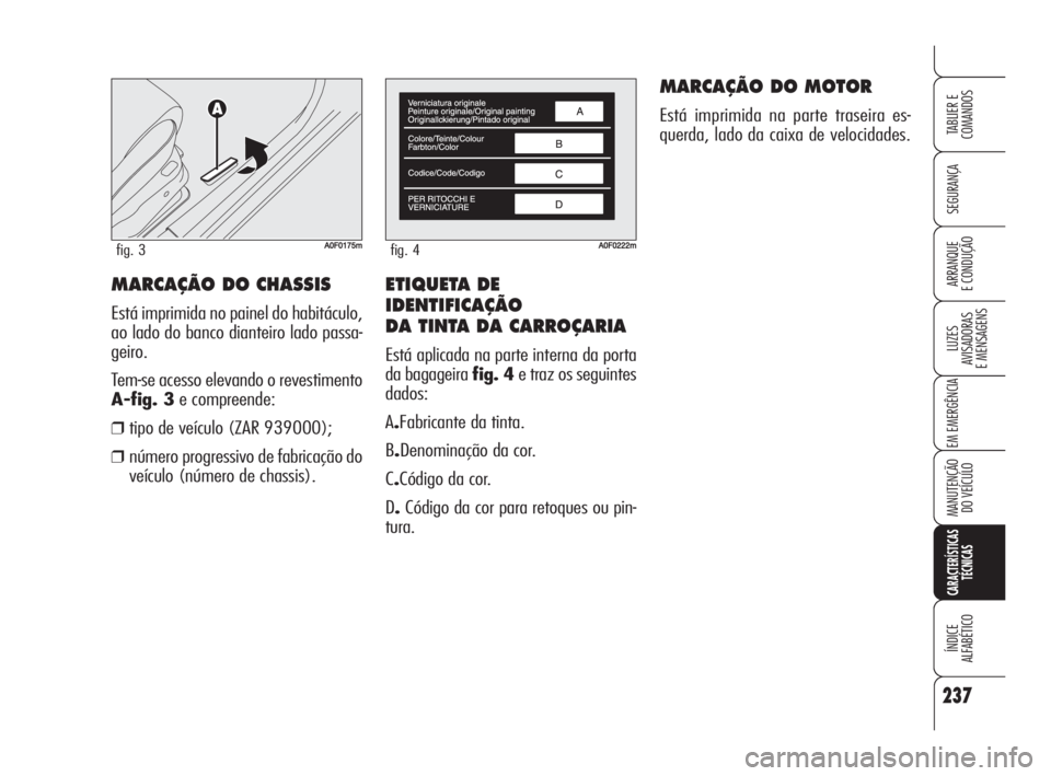 Alfa Romeo Brera/Spider 2010  Manual de Uso e Manutenção (in Portuguese) ETIQUETA DE
IDENTIFICAÇÃO
DA TINTA DA CARROÇARIA
Está aplicada na parte interna da porta
da bagageira fig. 4e traz os seguintes
dados:
A.Fabricante da tinta.
B.Denominação da cor.
C.Código da c