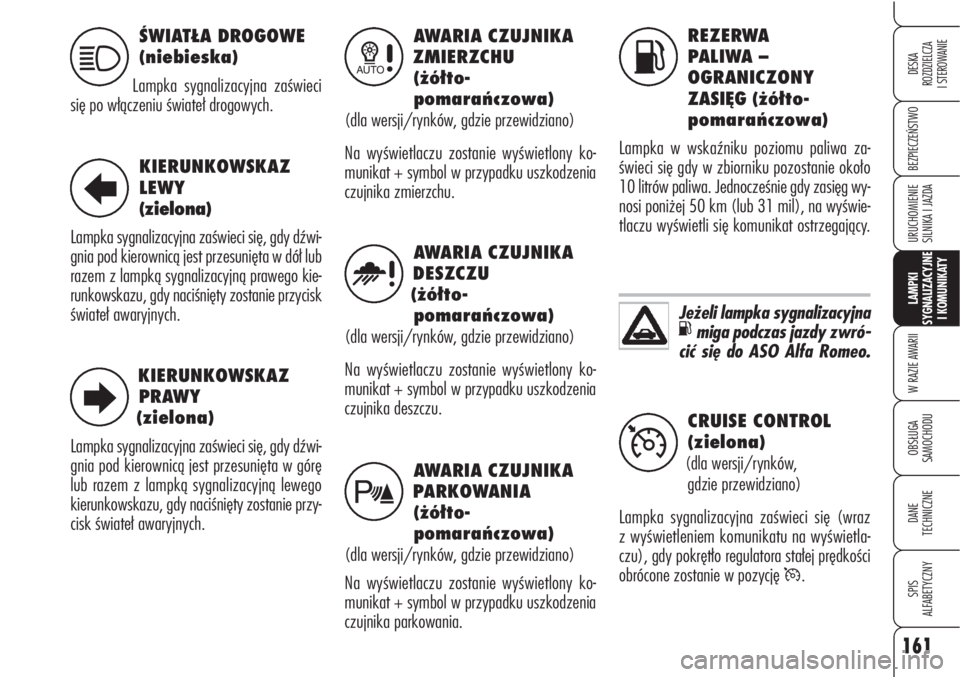 Alfa Romeo Brera/Spider 2010 Instrukcja obsługi (in Polish) 161
BEZPIECZEŃSTWO
LAMPKI
SYGNALIZACYJNE
I KOMUNIKATY
W RAZIE AWARII
OBSŁUGA
SAMOCHODU
DANE
TECHNICZNE
SPIS
ALFABETYCZNY
DESKA
ROZDZIELCZA
I STEROWANIE
URUCHOMIENIE
SILNIKA I JAZDA
ŚWIATŁA Alfa Romeo Brera/Spider 2010 Instrukcja obsługi (in Polish) 161
BEZPIECZEŃSTWO
LAMPKI
SYGNALIZACYJNE
I KOMUNIKATY
W RAZIE AWARII
OBSŁUGA
SAMOCHODU
DANE
TECHNICZNE
SPIS
ALFABETYCZNY
DESKA
ROZDZIELCZA
I STEROWANIE
URUCHOMIENIE
SILNIKA I JAZDA
ŚWIATŁA