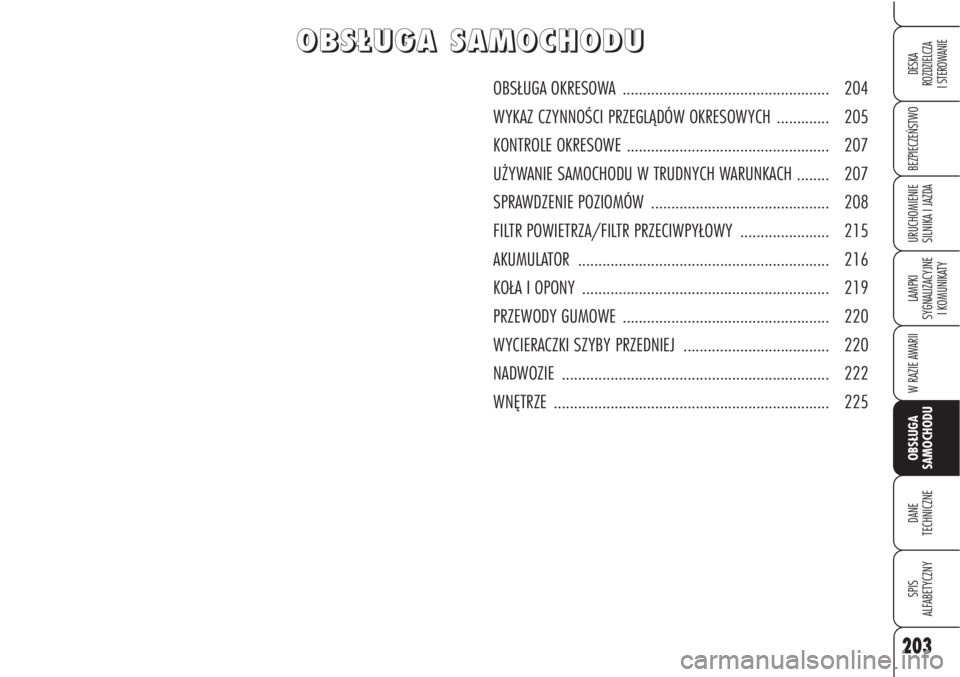 Alfa Romeo Brera/Spider 2010 Instrukcja obsługi (in Polish) 203
BEZPIECZEŃSTWO
LAMPKI
SYGNALIZACYJNE
I KOMUNIKATY
W RAZIE AWARII
OBSŁUGA
SAMOCHODU
DANE
TECHNICZNE
SPIS
ALFABETYCZNY
DESKA
ROZDZIELCZA
I STEROWANIE
URUCHOMIENIE
SILNIKA I JAZDA
O O
B B
S S Alfa Romeo Brera/Spider 2010 Instrukcja obsługi (in Polish) 203
BEZPIECZEŃSTWO
LAMPKI
SYGNALIZACYJNE
I KOMUNIKATY
W RAZIE AWARII
OBSŁUGA
SAMOCHODU
DANE
TECHNICZNE
SPIS
ALFABETYCZNY
DESKA
ROZDZIELCZA
I STEROWANIE
URUCHOMIENIE
SILNIKA I JAZDA
O O
B B
S S