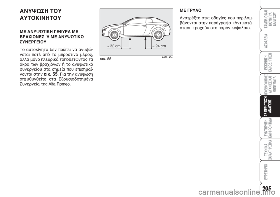 Alfa Romeo Brera/Spider 2010  ΒΙΒΛΙΟ ΧΡΗΣΗΣ ΚΑΙ ΣΥΝΤΗΡΗΣΗΣ (in Greek) 205
ΑΣΦΑΛΕΙΑ
ΠΡΟΕΙΔΟΠΟΙΗΤΙΚΕΣΛΥΧΝΙΕΣ ΚΑΙ
ΜΗΝΥΜΑΤΑ
ΣΕ ΠΕΡΙΠΤΩΣΗ
ΑΝΑΓΚΗΣ
ΣΥΝΤΗΡΗΣΗ
ΚΑΙ ΦΡΟΝΤΙΔΑ
ΤΕΧΝΙΚΑΧΑΡΑΚΤ