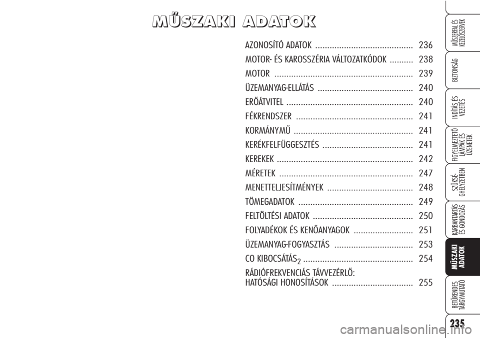 Alfa Romeo Brera/Spider 2010  Kezelési és karbantartási útmutató (in Hungarian) 235
BIZTONSÁG
FIGYELMEZTETŐ
LÁMPÁK ÉS 
ÜZENETEK
SZÜKSÉ-
GHELYZETBEN
KARBANTARTÁS
ÉS GONDOZÁS
MŰSZAKI 
ADATOK
BETŰRENDES
TÁRGYMUTATÓ
MŰSZERFAL ÉS 
KEZELŐSZERVEK
INDÍTÁS ÉS
VEZETÉS
