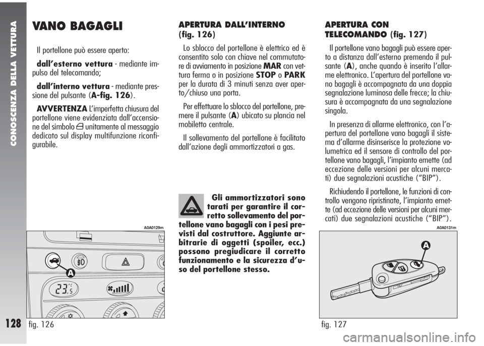 Alfa Romeo 147 2006 Libretto Uso Manutenzione (in Italian) CONOSCENZA DELLA VETTURA
128
APERTURA DALL’INTERNO
(fig. 126)
Lo sblocco del portellone è elettrico ed è
consentito solo con chiave nel commutato-
re di avviamento in posizione MARcon vet-
tura f Alfa Romeo 147 2006 Libretto Uso Manutenzione (in Italian) CONOSCENZA DELLA VETTURA
128
APERTURA DALL’INTERNO
(fig. 126)
Lo sblocco del portellone è elettrico ed è
consentito solo con chiave nel commutato-
re di avviamento in posizione MARcon vet-
tura f