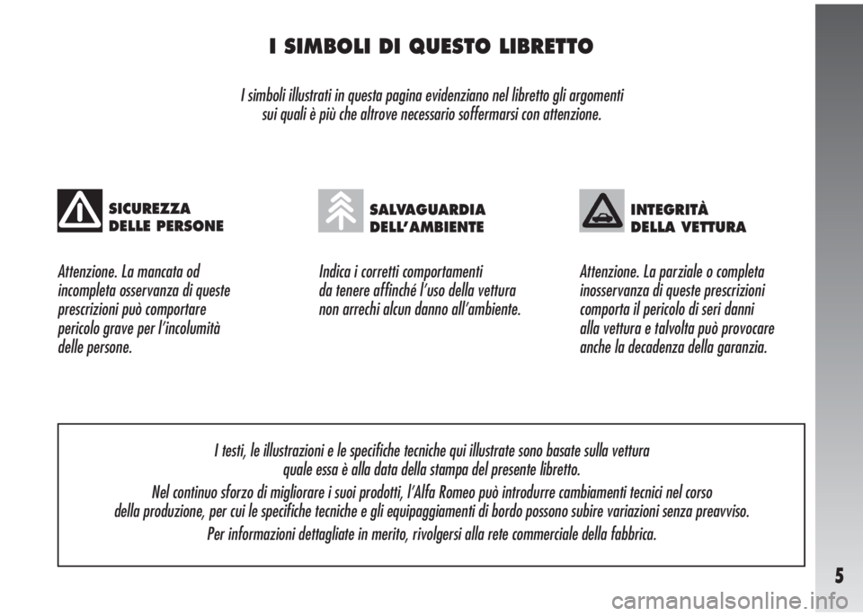 Alfa Romeo 147 2006  Libretto Uso Manutenzione (in Italian) 5
I SIMBOLI DI QUESTO LIBRETTO
I simboli illustrati in questa pagina evidenziano nel libretto gli argomenti 
sui quali è più che altrove necessario soffermarsi con attenzione.
Indica i corretti comp