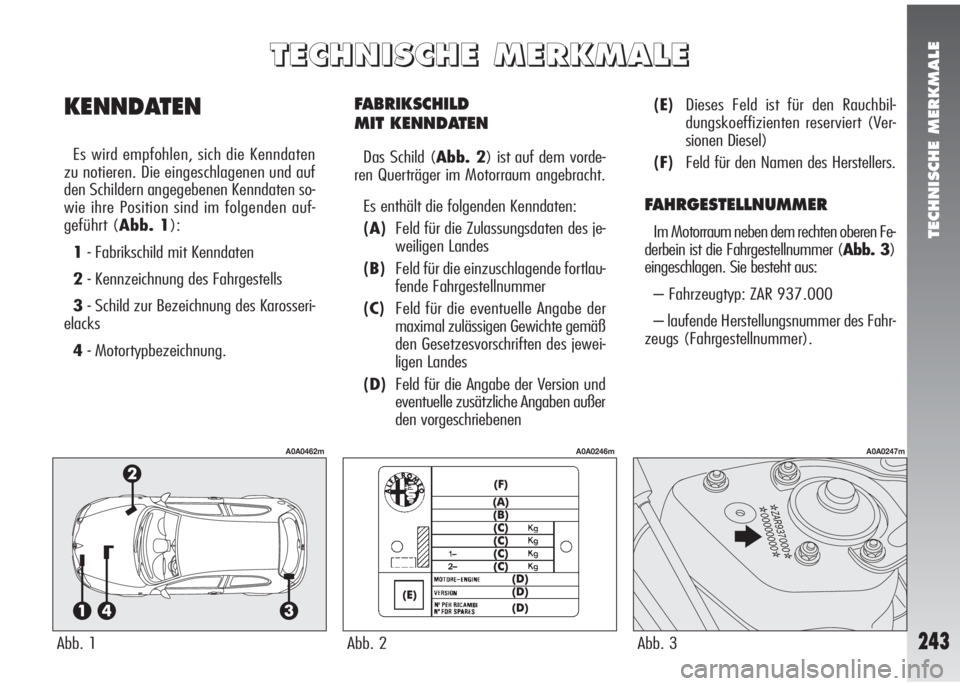 Alfa Romeo 147 2009  Betriebsanleitung (in German) TECHNISCHE MERKMALE
243
FABRIKSCHILD 
MIT KENNDATEN
Das Schild (Abb. 2) ist auf dem vorde-
ren Querträger im Motorraum angebracht.
Es enthält die folgenden Kenndaten:
(A)Feld für die Zulassungsdate
