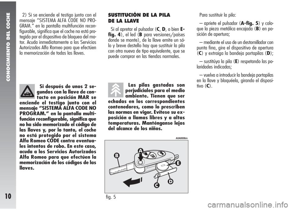 Alfa Romeo 147 2010 Manual de Empleo y Cuidado (in Spanish) CONOCIMIENTO DEL COCHE
10
2) Si se enciende el testigo junto con el
mensaje “SISTEMA ALFA CODE NO PRO-
GRAM.” en la pantalla multifunción recon-
figurable, significa que el coche no está pro-
te Alfa Romeo 147 2010 Manual de Empleo y Cuidado (in Spanish) CONOCIMIENTO DEL COCHE
10
2) Si se enciende el testigo junto con el
mensaje “SISTEMA ALFA CODE NO PRO-
GRAM.” en la pantalla multifunción recon-
figurable, significa que el coche no está pro-
te