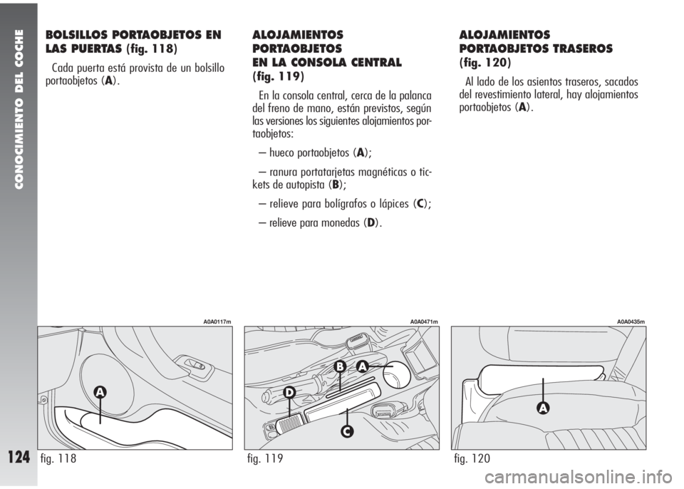 Alfa Romeo 147 2010  Manual de Empleo y Cuidado (in Spanish) CONOCIMIENTO DEL COCHE
124
BOLSILLOS PORTAOBJETOS EN
LAS PUERTAS 
(fig. 118)
Cada puerta está provista de un bolsillo
portaobjetos (A).
ALOJAMIENTOS
PORTAOBJETOS
EN LA CONSOLA CENTRAL 
(fig. 119)
En 