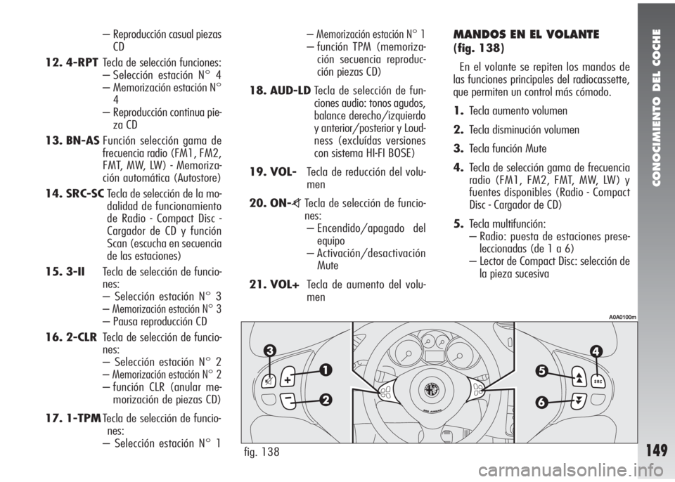 Alfa Romeo 147 2010 Manual de Empleo y Cuidado (in Spanish) CONOCIMIENTO DEL COCHE
149
– Reproducción casual piezas
CD
12. 4-RPTTecla de selección funciones:
– Selección estación N° 4
– Memorización estación N°
4
– Reproducción continua pie-
z Alfa Romeo 147 2010 Manual de Empleo y Cuidado (in Spanish) CONOCIMIENTO DEL COCHE
149
– Reproducción casual piezas
CD
12. 4-RPTTecla de selección funciones:
– Selección estación N° 4
– Memorización estación N°
4
– Reproducción continua pie-
z