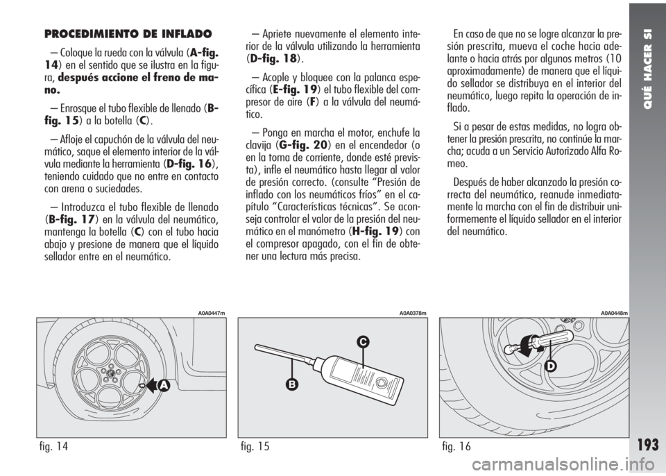 Alfa Romeo 147 2010 Manual de Empleo y Cuidado (in Spanish) QUÉ HACER SI
193
– Apriete nuevamente el elemento inte-
rior de la válvula utilizando la herramienta
(D-fig. 18).
– Acople y bloquee con la palanca espe-
cífica (E-fig. 19) el tubo flexible del Alfa Romeo 147 2010 Manual de Empleo y Cuidado (in Spanish) QUÉ HACER SI
193
– Apriete nuevamente el elemento inte-
rior de la válvula utilizando la herramienta
(D-fig. 18).
– Acople y bloquee con la palanca espe-
cífica (E-fig. 19) el tubo flexible del