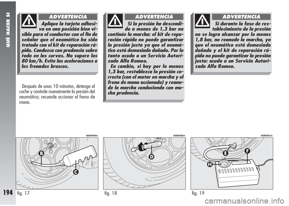 Alfa Romeo 147 2010 Manual de Empleo y Cuidado (in Spanish) QUÉ HACER SI
194
Después de unos 10 minutos, detenga el
coche y controle nuevamente la presión del
neumático; recuerde accionar el freno de
mano.
fig. 17
A0A0449m
fig. 18
A0A0450m
fig. 19
A0A0451m Alfa Romeo 147 2010 Manual de Empleo y Cuidado (in Spanish) QUÉ HACER SI
194
Después de unos 10 minutos, detenga el
coche y controle nuevamente la presión del
neumático; recuerde accionar el freno de
mano.
fig. 17
A0A0449m
fig. 18
A0A0450m
fig. 19
A0A0451m
