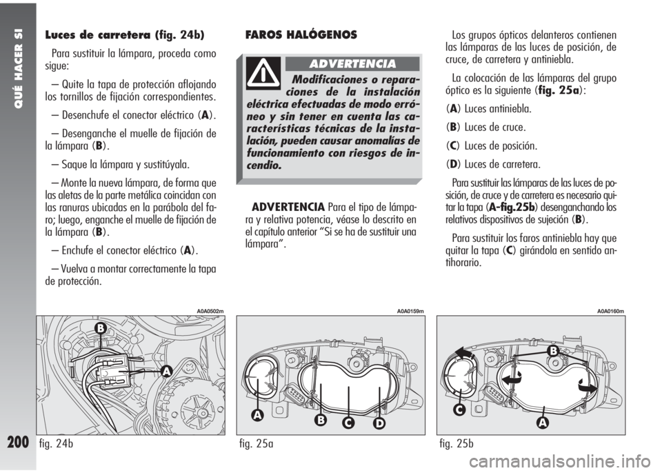 Alfa Romeo 147 2010 Manual de Empleo y Cuidado (in Spanish) QUÉ HACER SI
200
Luces de carretera(fig. 24b)
Para sustituir la lámpara, proceda como
sigue:
– Quite la tapa de protección aflojando
los tornillos de fijación correspondientes.
– Desenchufe el Alfa Romeo 147 2010 Manual de Empleo y Cuidado (in Spanish) QUÉ HACER SI
200
Luces de carretera(fig. 24b)
Para sustituir la lámpara, proceda como
sigue:
– Quite la tapa de protección aflojando
los tornillos de fijación correspondientes.
– Desenchufe el