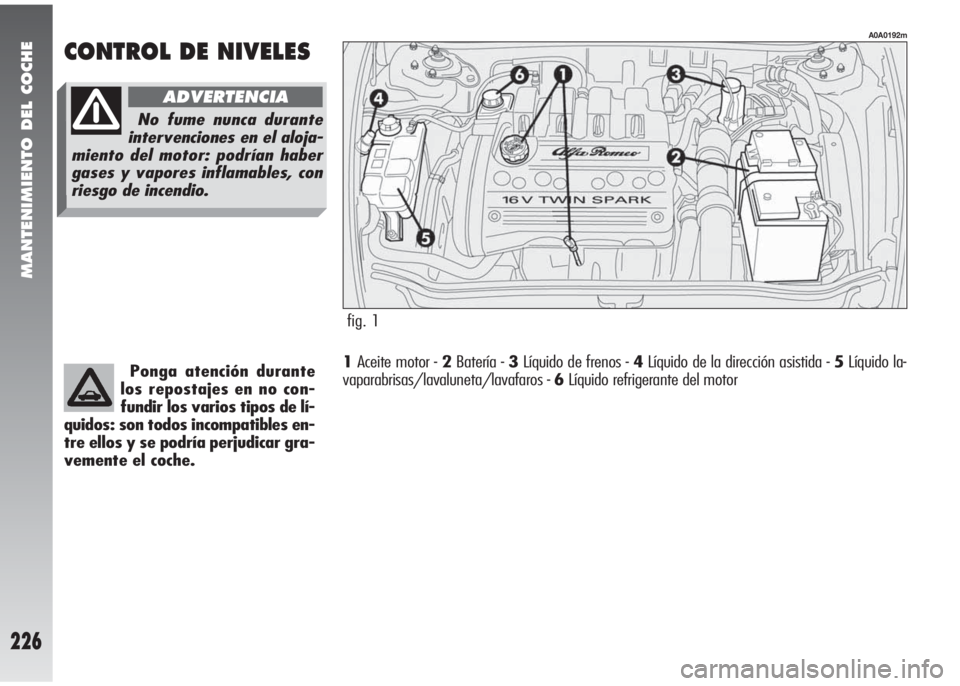 Alfa Romeo 147 2010  Manual de Empleo y Cuidado (in Spanish) MANTENIMIENTO DEL COCHE
226
fig. 1
A0A0192m
CONTROL DE NIVELES
Ponga atención durante
los repostajes en no con-
fundir los varios tipos de lí-
quidos: son todos incompatibles en-
tre ellos y se podr
