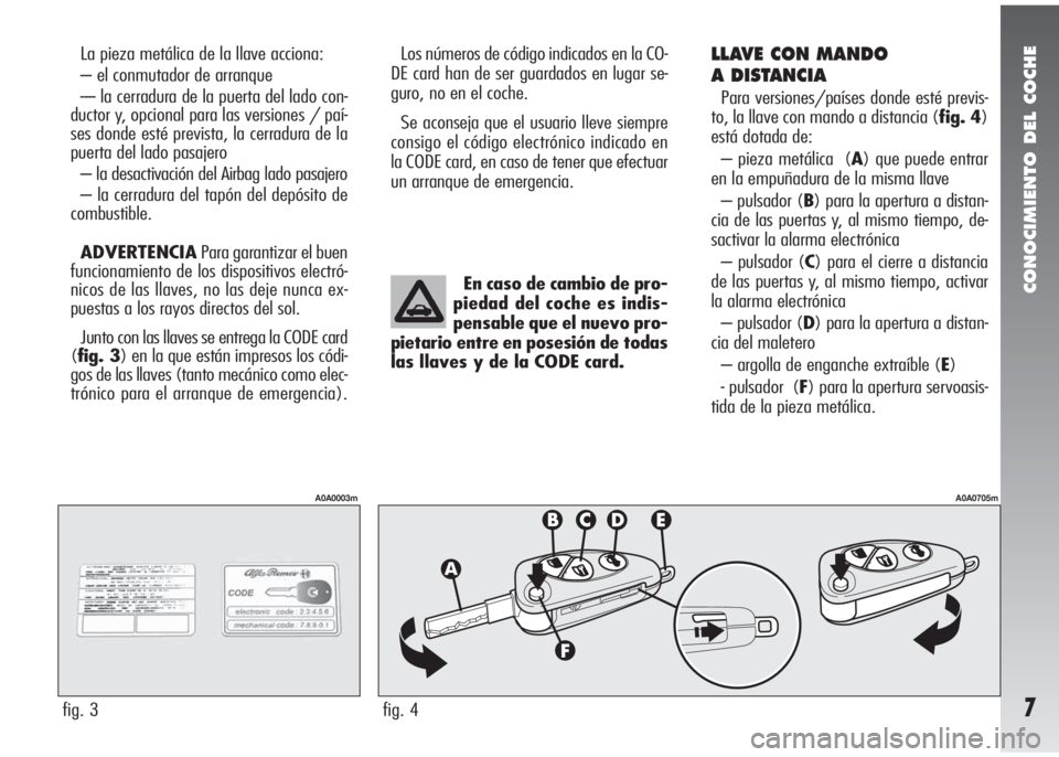 Alfa Romeo 147 2010 Manual de Empleo y Cuidado (in Spanish) CONOCIMIENTO DEL COCHE
7
La pieza metálica de la llave acciona:
– el conmutador de arranque
-– la cerradura de la puerta del lado con-
ductor y, opcional para las versiones / paí-
ses donde est Alfa Romeo 147 2010 Manual de Empleo y Cuidado (in Spanish) CONOCIMIENTO DEL COCHE
7
La pieza metálica de la llave acciona:
– el conmutador de arranque
-– la cerradura de la puerta del lado con-
ductor y, opcional para las versiones / paí-
ses donde est