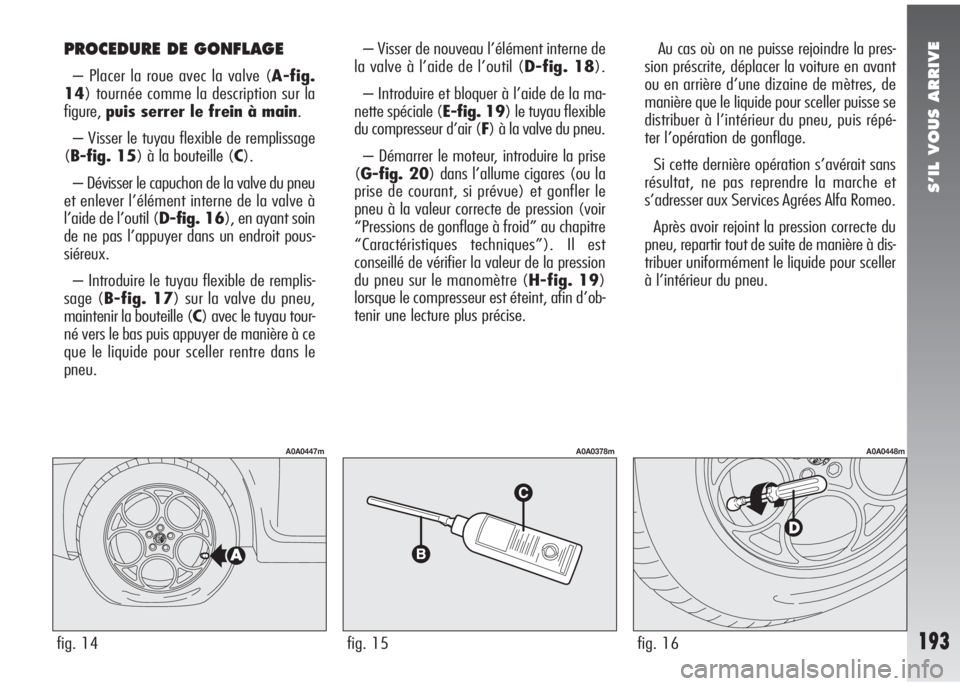 Alfa Romeo 147 2005 Notice dentretien (in French) S’IL VOUS ARRIVE
193
PROCEDURE DE GONFLAGE
– Placer la roue avec la valve (A-fig.
14) tournée comme la description sur la
figure,puis serrer le frein à main.
– Visser le tuyau flexible de remp Alfa Romeo 147 2005 Notice dentretien (in French) S’IL VOUS ARRIVE
193
PROCEDURE DE GONFLAGE
– Placer la roue avec la valve (A-fig.
14) tournée comme la description sur la
figure,puis serrer le frein à main.
– Visser le tuyau flexible de remp