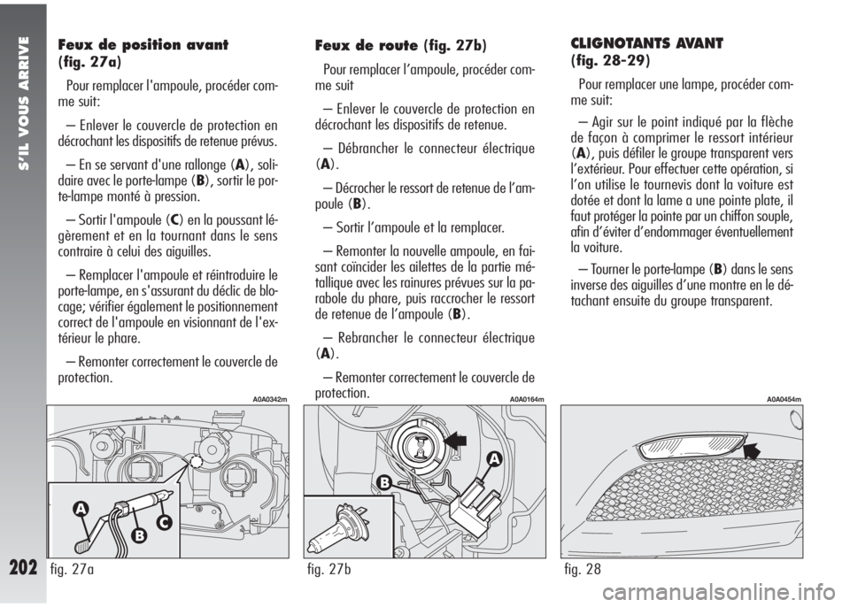 Alfa Romeo 147 2005 Notice dentretien (in French) S’IL VOUS ARRIVE
202
CLIGNOTANTS AVANT
(fig. 28-29)
Pour remplacer une lampe, procéder com-
me suit:
– Agir sur le point indiqué par la flèche
de façon à comprimer le ressort intérieur
(A), Alfa Romeo 147 2005 Notice dentretien (in French) S’IL VOUS ARRIVE
202
CLIGNOTANTS AVANT
(fig. 28-29)
Pour remplacer une lampe, procéder com-
me suit:
– Agir sur le point indiqué par la flèche
de façon à comprimer le ressort intérieur
(A),