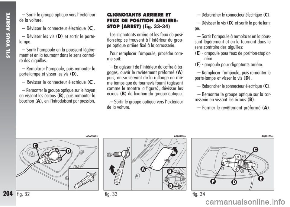 Alfa Romeo 147 2005 Notice dentretien (in French) S’IL VOUS ARRIVE
204
– Sortir le groupe optique vers l’extérieur
de la voiture.
– Dévisser le connecteur électrique (C).
– Dévisser les vis (D) et sortir le porte-
lampe.
– Sortir l’ Alfa Romeo 147 2005 Notice dentretien (in French) S’IL VOUS ARRIVE
204
– Sortir le groupe optique vers l’extérieur
de la voiture.
– Dévisser le connecteur électrique (C).
– Dévisser les vis (D) et sortir le porte-
lampe.
– Sortir l’