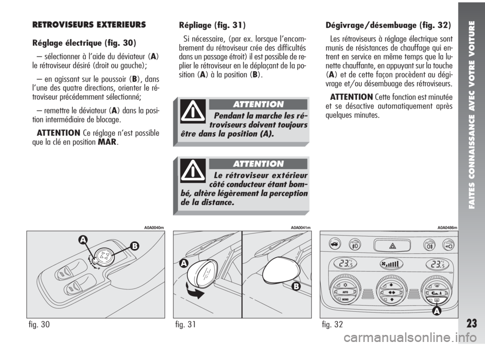 Alfa Romeo 147 2005 Notice dentretien (in French) FAITES CONNAISSANCE AVEC VOTRE VOITURE
23
Répliage(fig. 31)
Si nécessaire, (par ex. lorsque l’encom-
brement du rétroviseur crée des difficultés
dans un passage étroit) il est possible de re-
Alfa Romeo 147 2005 Notice dentretien (in French) FAITES CONNAISSANCE AVEC VOTRE VOITURE
23
Répliage(fig. 31)
Si nécessaire, (par ex. lorsque l’encom-
brement du rétroviseur crée des difficultés
dans un passage étroit) il est possible de re-
