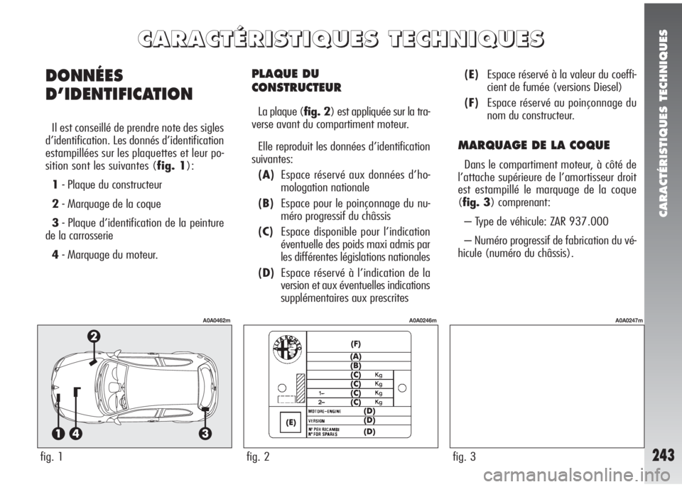 Alfa Romeo 147 2005 Notice dentretien (in French) CARACTÉRISTIQUES TECHNIQUES
243
PLAQUE DU
CONSTRUCTEUR
La plaque (fig. 2) est appliquée sur la tra-
verse avant du compartiment moteur.
Elle reproduit les données d’identification
suivantes:
(A) Alfa Romeo 147 2005 Notice dentretien (in French) CARACTÉRISTIQUES TECHNIQUES
243
PLAQUE DU
CONSTRUCTEUR
La plaque (fig. 2) est appliquée sur la tra-
verse avant du compartiment moteur.
Elle reproduit les données d’identification
suivantes:
(A)