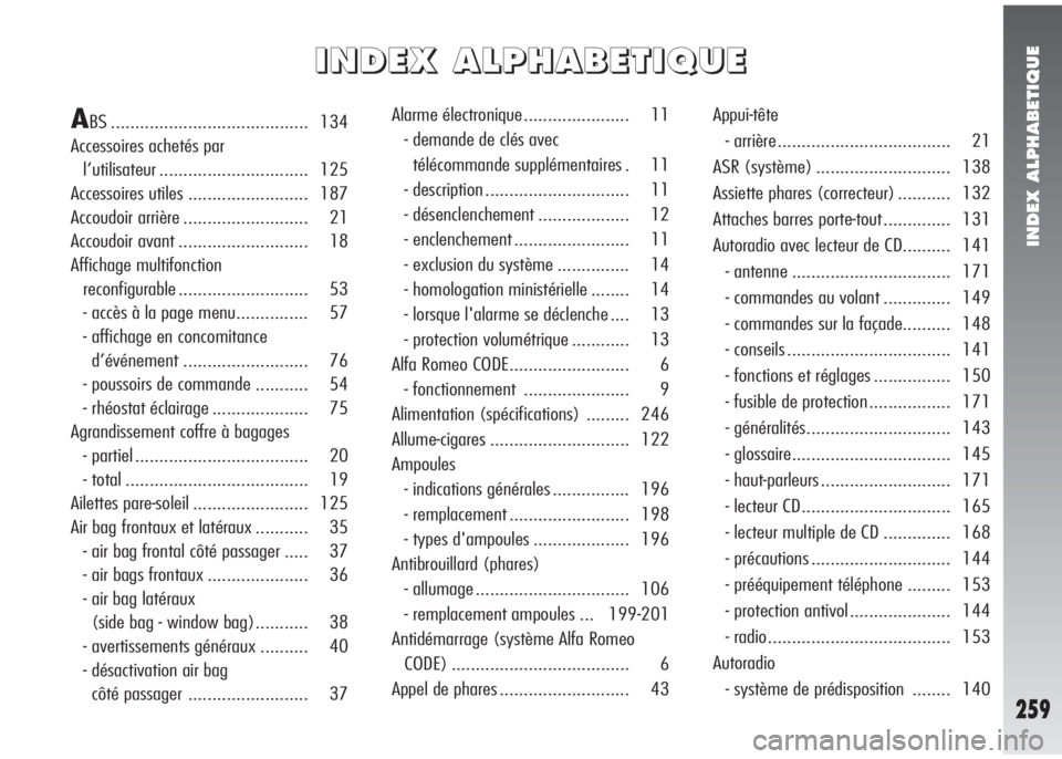 Alfa Romeo 147 2005 Notice dentretien (in French) INDEX ALPHABETIQUE
259
I I
N N
D D
E E
X X
A A
L L
P P
H H
A A
B B
E E
T T
I I
Q Q
U U
E E
ABS ......................................... 134
Accessoires achetés par
l’utilisateur ................. Alfa Romeo 147 2005 Notice dentretien (in French) INDEX ALPHABETIQUE
259
I I
N N
D D
E E
X X
A A
L L
P P
H H
A A
B B
E E
T T
I I
Q Q
U U
E E
ABS ......................................... 134
Accessoires achetés par
l’utilisateur .................