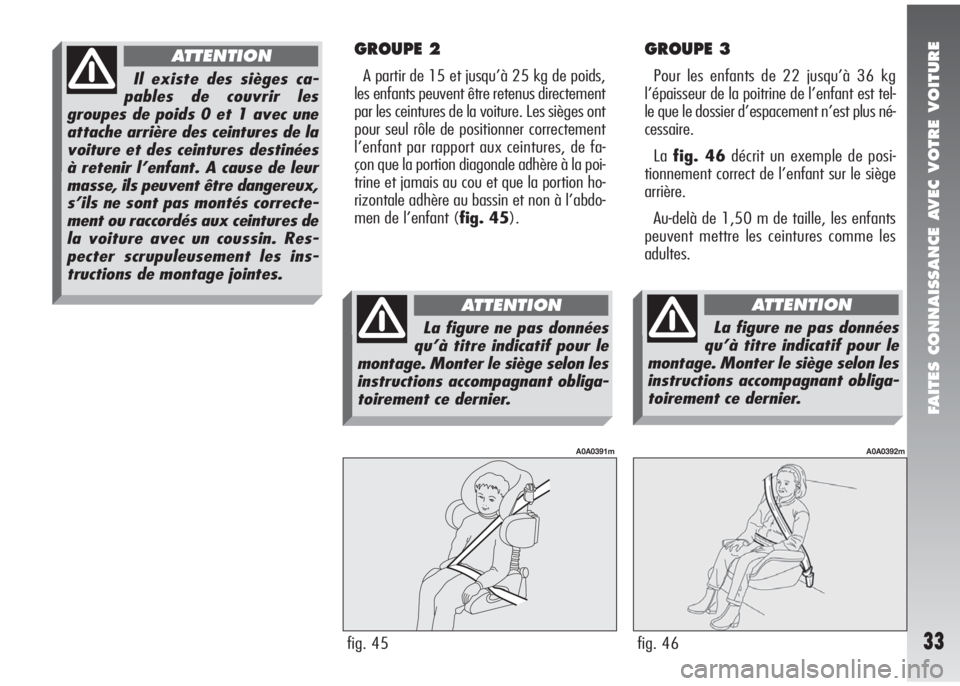 Alfa Romeo 147 2005 Notice dentretien (in French) FAITES CONNAISSANCE AVEC VOTRE VOITURE
33
GROUPE 2
A partir de 15 et jusqu’à 25 kg de poids,
les enfants peuvent être retenus directement
par les ceintures de la voiture. Les sièges ont
pour seul Alfa Romeo 147 2005 Notice dentretien (in French) FAITES CONNAISSANCE AVEC VOTRE VOITURE
33
GROUPE 2
A partir de 15 et jusqu’à 25 kg de poids,
les enfants peuvent être retenus directement
par les ceintures de la voiture. Les sièges ont
pour seul