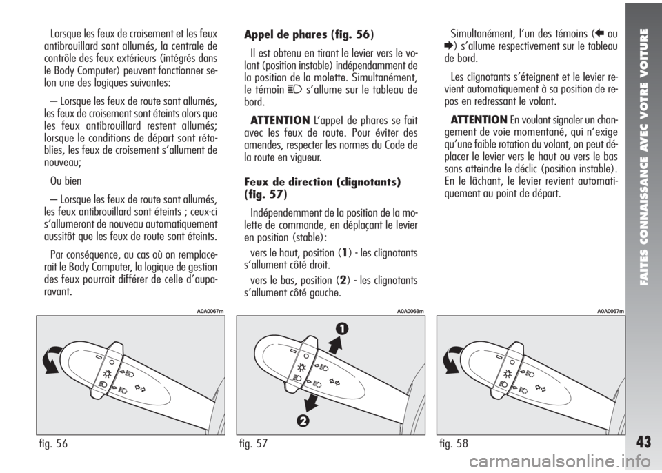 Alfa Romeo 147 2005 Notice dentretien (in French) FAITES CONNAISSANCE AVEC VOTRE VOITURE
43
Appel de phares (fig. 56)
Il est obtenu en tirant le levier vers le vo-
lant (position instable) indépendamment de
la position de la molette. Simultanément, Alfa Romeo 147 2005 Notice dentretien (in French) FAITES CONNAISSANCE AVEC VOTRE VOITURE
43
Appel de phares (fig. 56)
Il est obtenu en tirant le levier vers le vo-
lant (position instable) indépendamment de
la position de la molette. Simultanément,