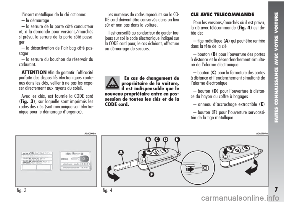 Alfa Romeo 147 2005 Notice dentretien (in French) FAITES CONNAISSANCE AVEC VOTRE VOITURE
7
L’insert métallique de la clé actionne:
– le démarrage
– la serrure de la porte côté conducteur
et, à la demande pour versions/marchés
si prévu, Alfa Romeo 147 2005 Notice dentretien (in French) FAITES CONNAISSANCE AVEC VOTRE VOITURE
7
L’insert métallique de la clé actionne:
– le démarrage
– la serrure de la porte côté conducteur
et, à la demande pour versions/marchés
si prévu,