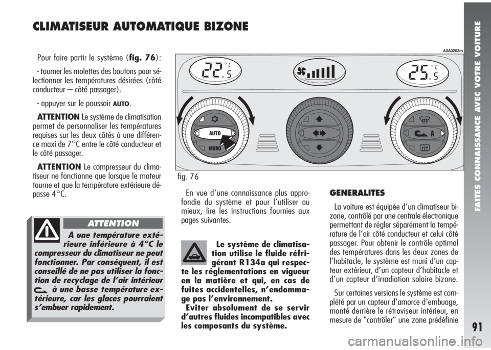 Alfa Romeo 147 2005 Notice dentretien (in French) FAITES CONNAISSANCE AVEC VOTRE VOITURE
91
CLIMATISEUR AUTOMATIQUE BIZONE
Pour faire partir le système (fig. 76):
- tourner les molettes des boutons pour sé-
lectionner les températures désirées ( Alfa Romeo 147 2005 Notice dentretien (in French) FAITES CONNAISSANCE AVEC VOTRE VOITURE
91
CLIMATISEUR AUTOMATIQUE BIZONE
Pour faire partir le système (fig. 76):
- tourner les molettes des boutons pour sé-
lectionner les températures désirées (