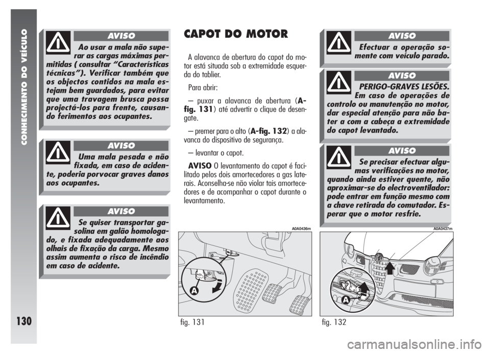 Alfa Romeo 147 2007 Manual de Uso e Manutenção (in Portuguese) CONHECIMENTO DO VEÍCULO
130fig. 132
A0A0437m
CAPOT DO MOTOR
A alavanca de abertura do capot do mo-
tor está situada sob a extremidade esquer-
da do tablier.
Para abrir:
– puxar a alavanca de abert Alfa Romeo 147 2007 Manual de Uso e Manutenção (in Portuguese) CONHECIMENTO DO VEÍCULO
130fig. 132
A0A0437m
CAPOT DO MOTOR
A alavanca de abertura do capot do mo-
tor está situada sob a extremidade esquer-
da do tablier.
Para abrir:
– puxar a alavanca de abert