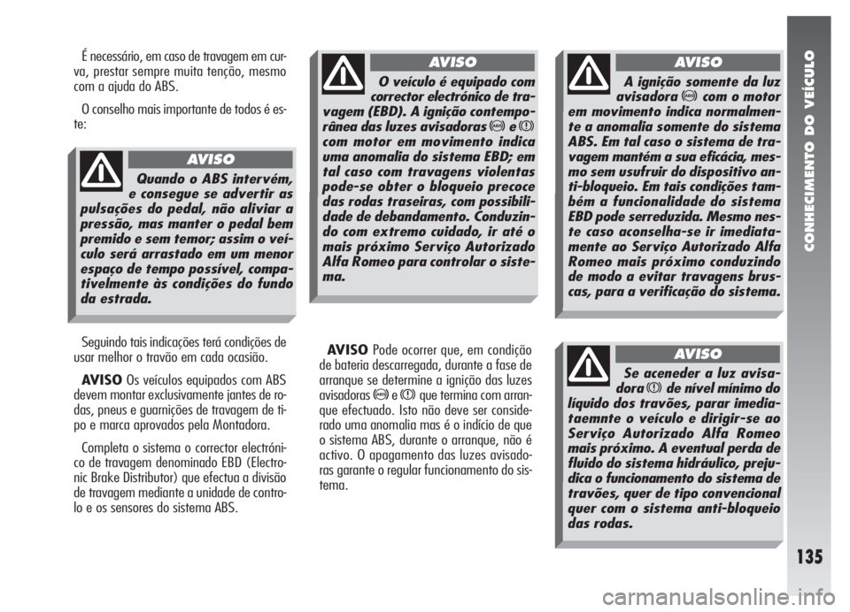 Alfa Romeo 147 2007 Manual de Uso e Manutenção (in Portuguese) CONHECIMENTO DO VEÍCULO
135
É necessário, em caso de travagem em cur-
va, prestar sempre muita tenção, mesmo
com a ajuda do ABS.
O conselho mais importante de todos é es-
te:
Seguindo tais indic Alfa Romeo 147 2007 Manual de Uso e Manutenção (in Portuguese) CONHECIMENTO DO VEÍCULO
135
É necessário, em caso de travagem em cur-
va, prestar sempre muita tenção, mesmo
com a ajuda do ABS.
O conselho mais importante de todos é es-
te:
Seguindo tais indic