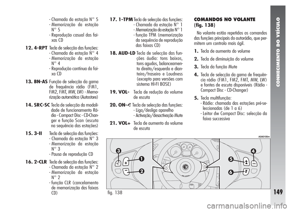 Alfa Romeo 147 2007 Manual de Uso e Manutenção (in Portuguese) CONHECIMENTO DO VEÍCULO
149
- Chamada da estação N° 5
- Memorização da estação
N° 5
- Reprodução casual das fai-
xas CD
12. 4-RPTTecla de selecção das funções:
- Chamada da estação N Alfa Romeo 147 2007 Manual de Uso e Manutenção (in Portuguese) CONHECIMENTO DO VEÍCULO
149
- Chamada da estação N° 5
- Memorização da estação
N° 5
- Reprodução casual das fai-
xas CD
12. 4-RPTTecla de selecção das funções:
- Chamada da estação N